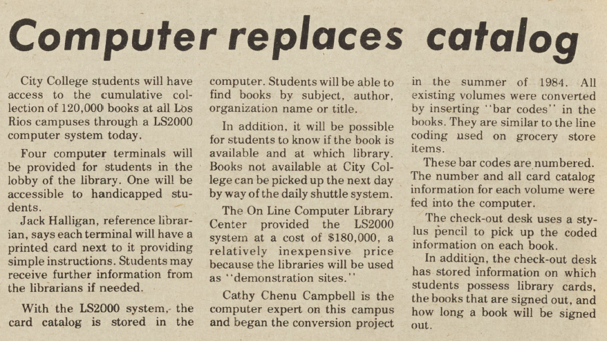 Article about retiring librarain Cath Chenu Campbell