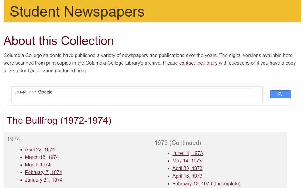 screenshot of Columbia College Library's student newspapers webpage