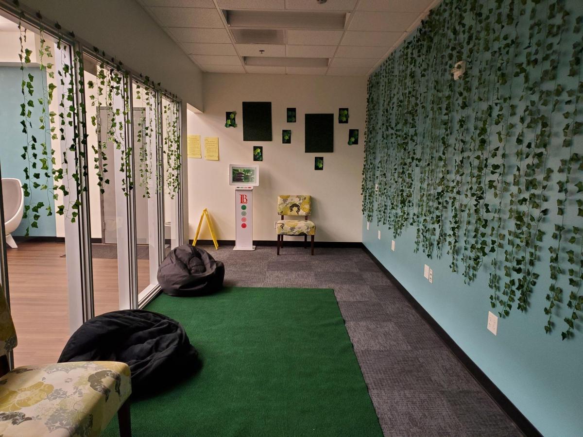  room with green rug, a piece of faux outdoor green grass, vines on the walls, chairs and bean bags