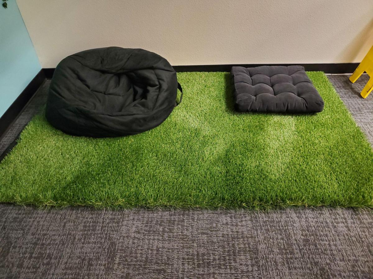 room with faux green grass rug, a piece of faux outdoor green grass, vines on the walls, chairs and bean bags