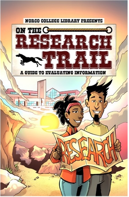 Graphic novel cover art with students holding a map on a trail with a library in the distance.