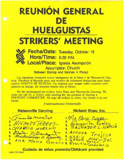 Flyer advertising a strikers' meeting at Assumption church in Pajaro signed by strikers.