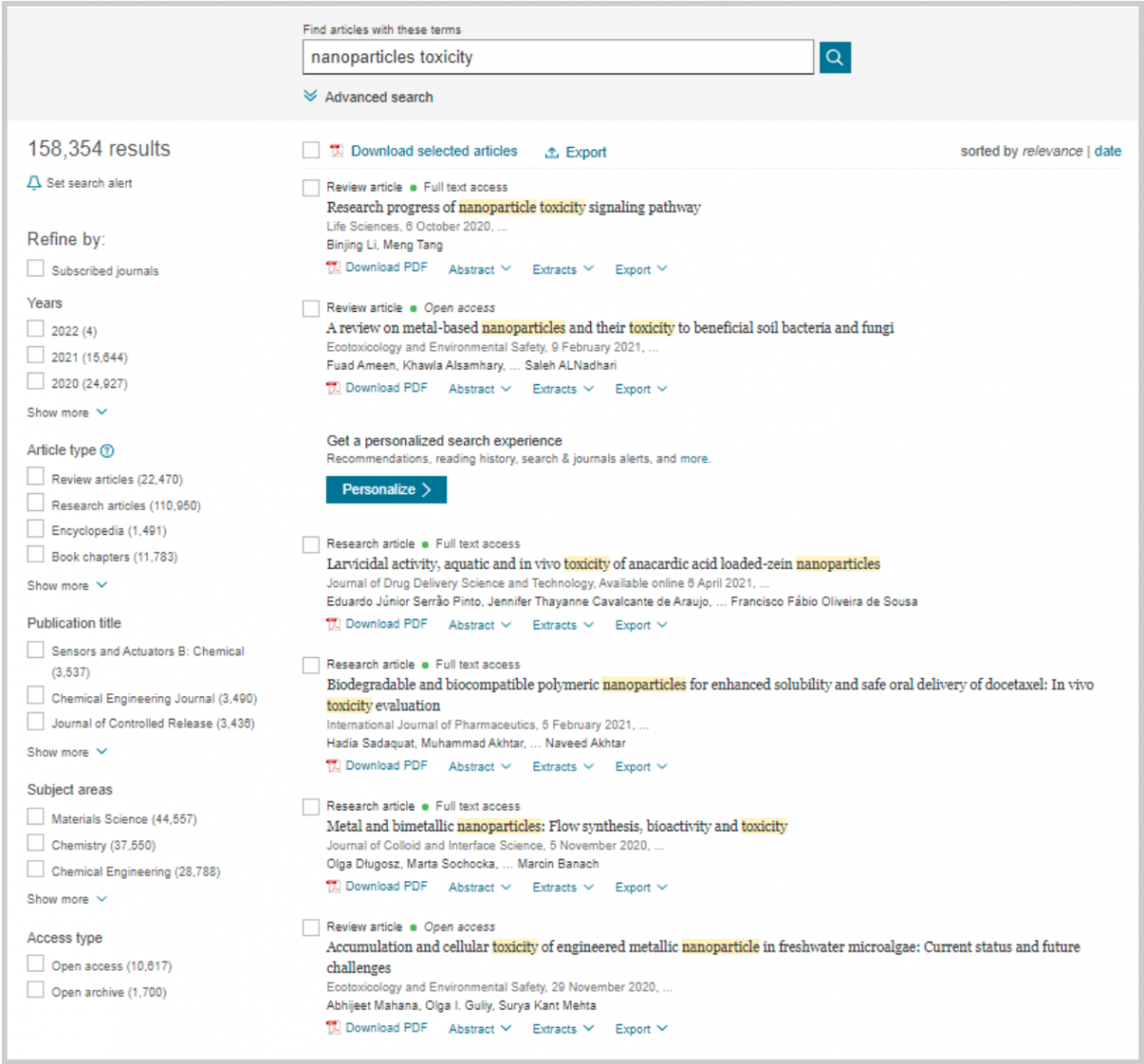 Sample of search result screen displaying the results for a keyword search on nanoparticles. Displays ways to refine search such as by year, article type, publication title, subject areas and access type. Ability to sort results by relevance or date.