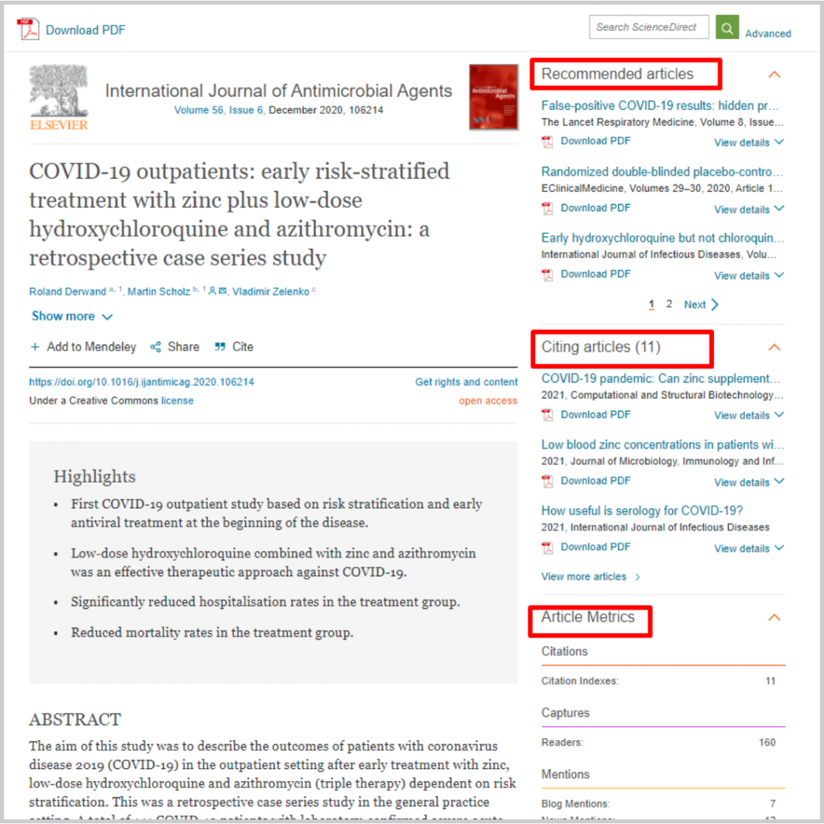 Example of a standard article from the database. Abstract is displayed with an option to download the full pdf. On the right side of the screen there are also recommended articles, citing articles and article metrics.
