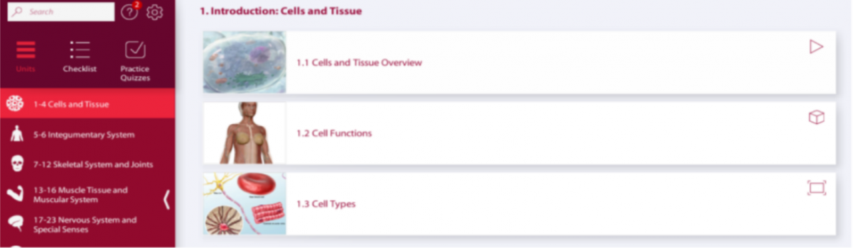Sample from the Anatomy & Physiology app platform. Includes parts of a module introducing "Cells and Tissues." It looks similar to modules seen in an online class using a learning management system (like Canvas).