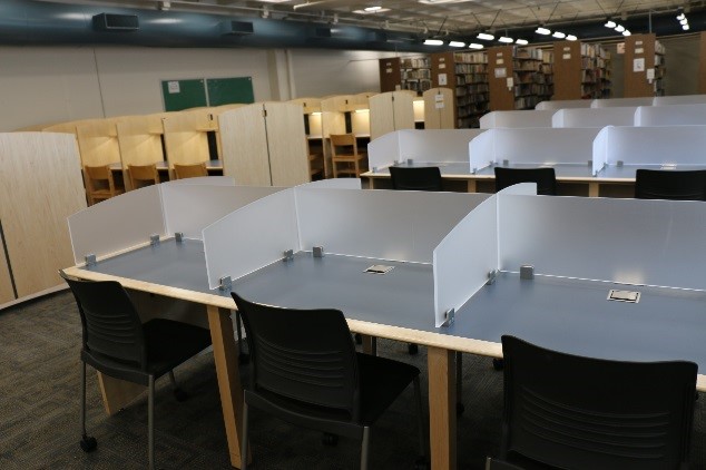 Traditional wood study carrels and modern grey study carrels 