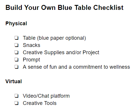 Sample checklist for building the blue tables described in the article 