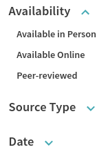 Primo Availability facet is expanded to show Available in Person, Available Online, and Peer-reviewed. Source Type and Date facets are minimized.