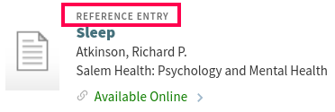 The Reference Entry format label appears above a search result in Primo, in gray font.