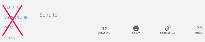 Primo full record display shows a left toolbar (send to, view online, details, links), crossed out to indicate that it can be hidden.