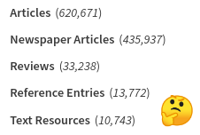 Primo format types on the left facet menu (Articles, Newspaper articles, Reviews, Reference entries, Text resources). Thinking emoji nearby, with a confused expression.