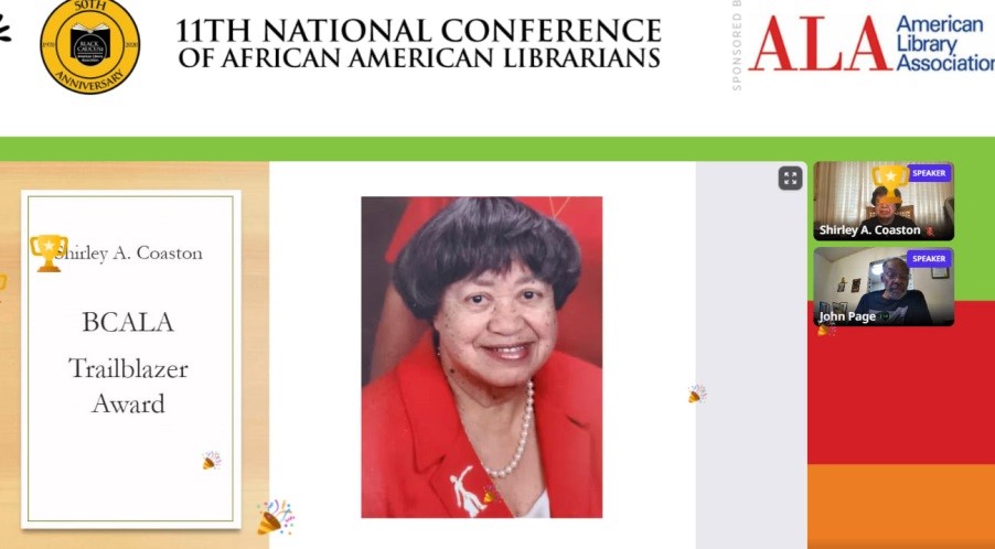 Virtual screenshot of Shirley Coaston receiving the BCALA Trailblazer Award at the NCAAL on July 29, 2021.