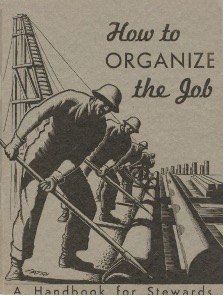 Pamphlet cover with a linocut, black-and-white image of men doing industrial work in hard hats with the title