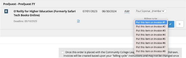 Dropdown list under 'Billing cycle' with options like 'Put this item on Invoice #1'