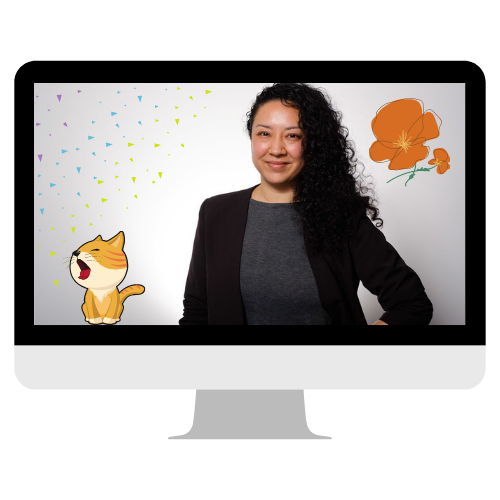 Cynthia Orozco inside of an iMac screen with confetti, a cat, and a golden poppy